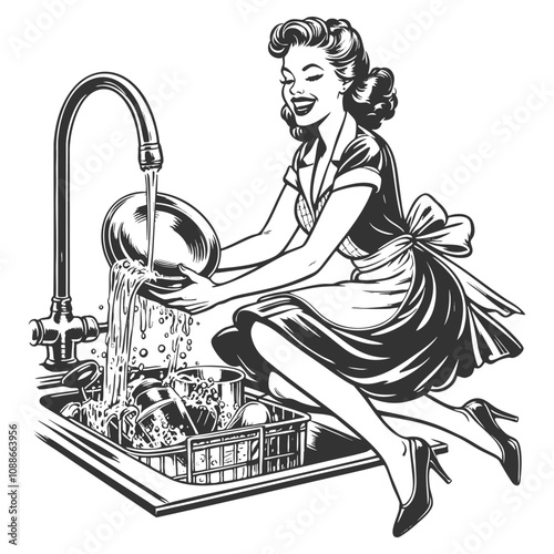 smiling retro housewife washing dishes at the sink, bubbly water sketch engraving generative ai fictional character vector illustration. Scratch board imitation. Black and white image.