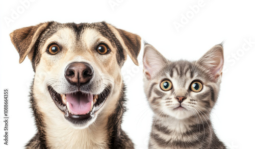 happy dog and curious cat pose together, showcasing their friendship. Their expressions convey joy and curiosity, making this heartwarming image