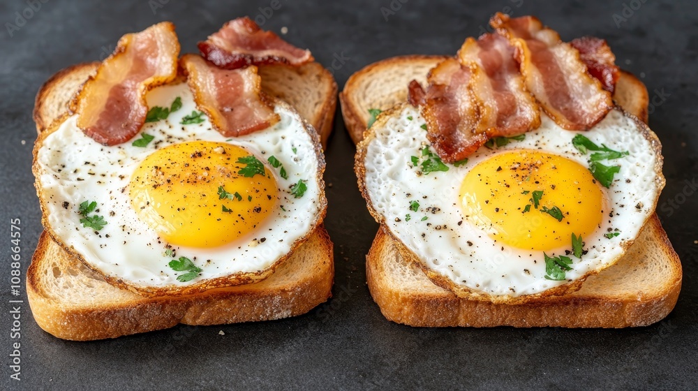 Two slices of toasted bread with fried eggs, crispy streaky bacon, and fresh parsley. Two slices of toasted bread with fried eggs, crispy streaky bacon, and fresh parsley.
