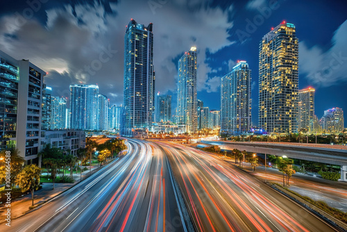 Vibrant urban skyline at night with illuminated skyscrapers and streaking lights of traffic on a bustling highway, creating a lively metropolis scene.