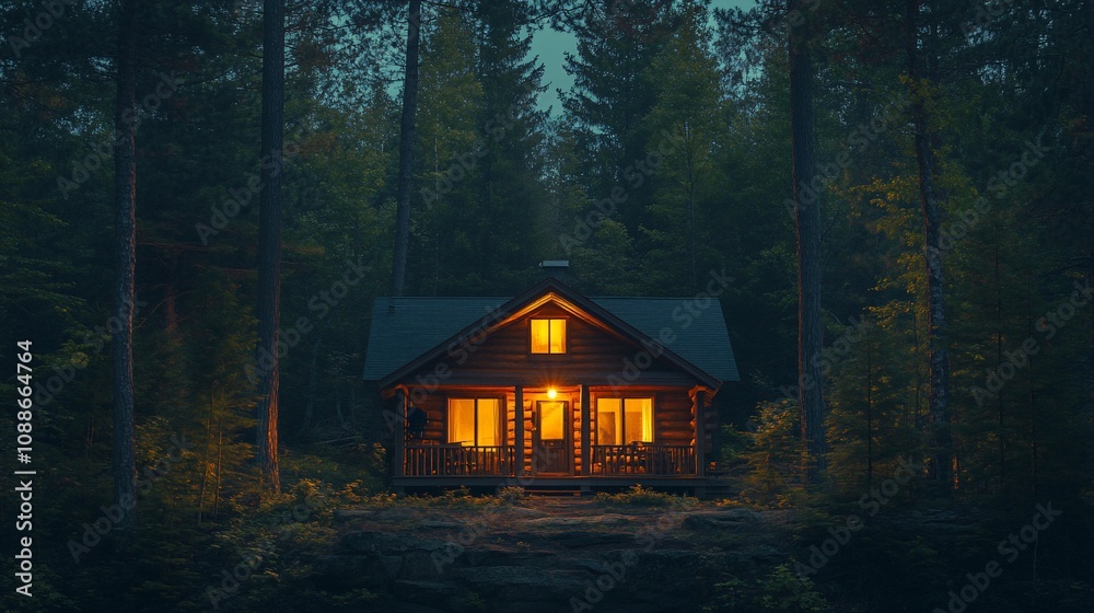Illuminated cabin in a dark forest at night. Illuminated cabin in a dark forest at night.
