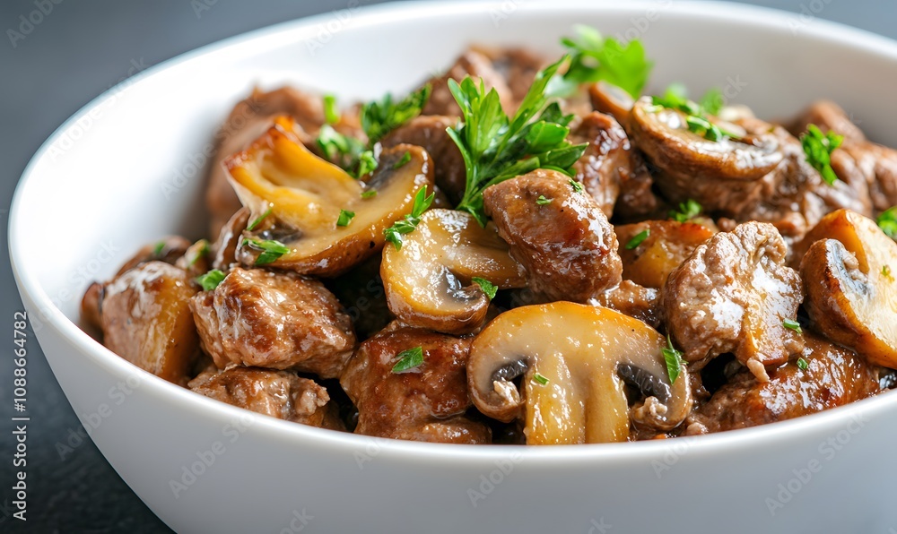 Delicious meat dish featuring mushrooms and herbs elegantly served in a white bowl, Generative AI Delicious meat dish featuring mushrooms and herbs elegantly served in a white bowl, Generative AI