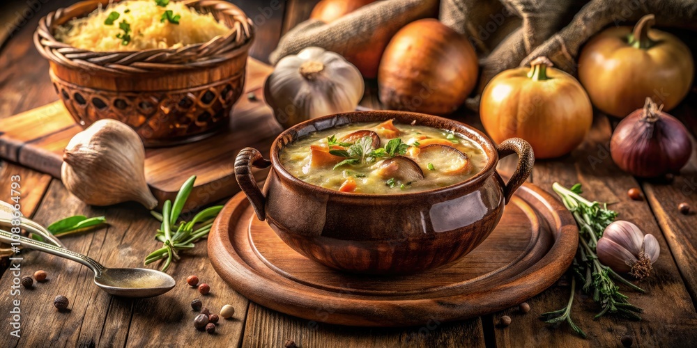 A cozy rustic kitchen showcases traditional French onion soup, featuring sweet caramelized onions, savory broth, and bubbling cheese. A delightful embrace of comfort food. A cozy rustic kitchen showcases traditional French onion soup, featuring sweet caramelized onions, savory broth, and bubbling cheese. A delightful embrace of comfort food.