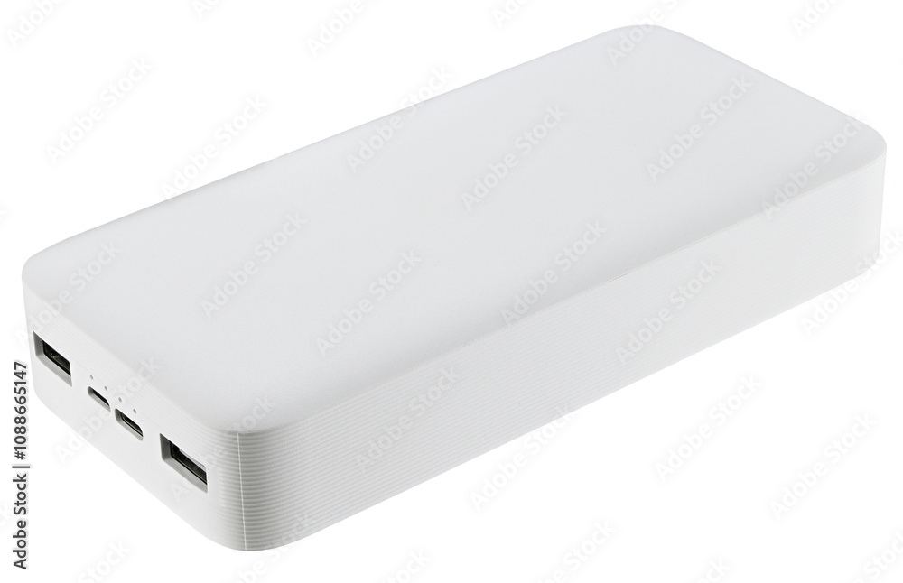 White power bank isolated on a transparent background. Portable battery. Completely in focus. White power bank isolated on a transparent background. Portable battery. Completely in focus.