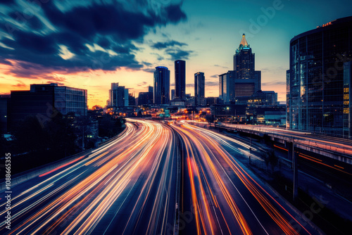 City skyline at dusk with vibrant light trails from traffic, creating a dynamic and colorful urban scene against a moody sunset sky.