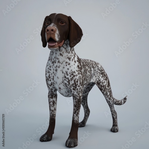 A German Shorthaired Pointer dog stands on a white background with its tongue out.