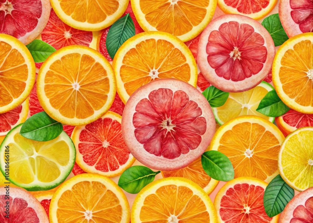 Fototapeta premium A lively, continuous pattern featuring fresh orange and grapefruit slices, perfect for fashion textiles and home decor, adding a refreshing touch to any space.