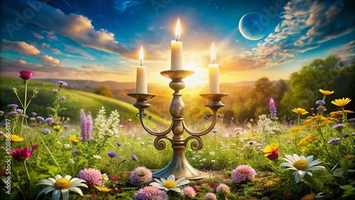 Triple Goddess Candlestick on a Floral Meadow: Esoteric Ritual for Beltane and Litha in a Sunny Natural Setting, Symbolizing the Triune Moon for Witchcraft and Spiritual Harmony photo