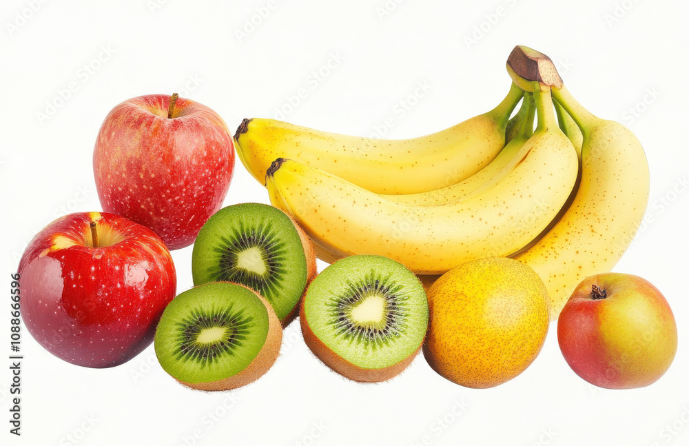 Fresh fruits including apples, bananas, kiwis, and pears arranged beautifully, showcasing vibrant colors and healthy options for nutritious diet