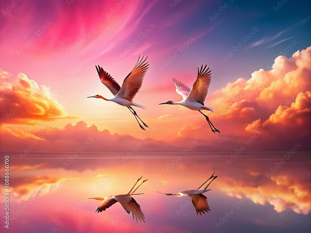 Fototapeta premium Two Vibrant Birds in Flight Against a Minimalist Pink Background, Capturing the Essence of Duality, Connection, and Renewal in Nature’s Splendor