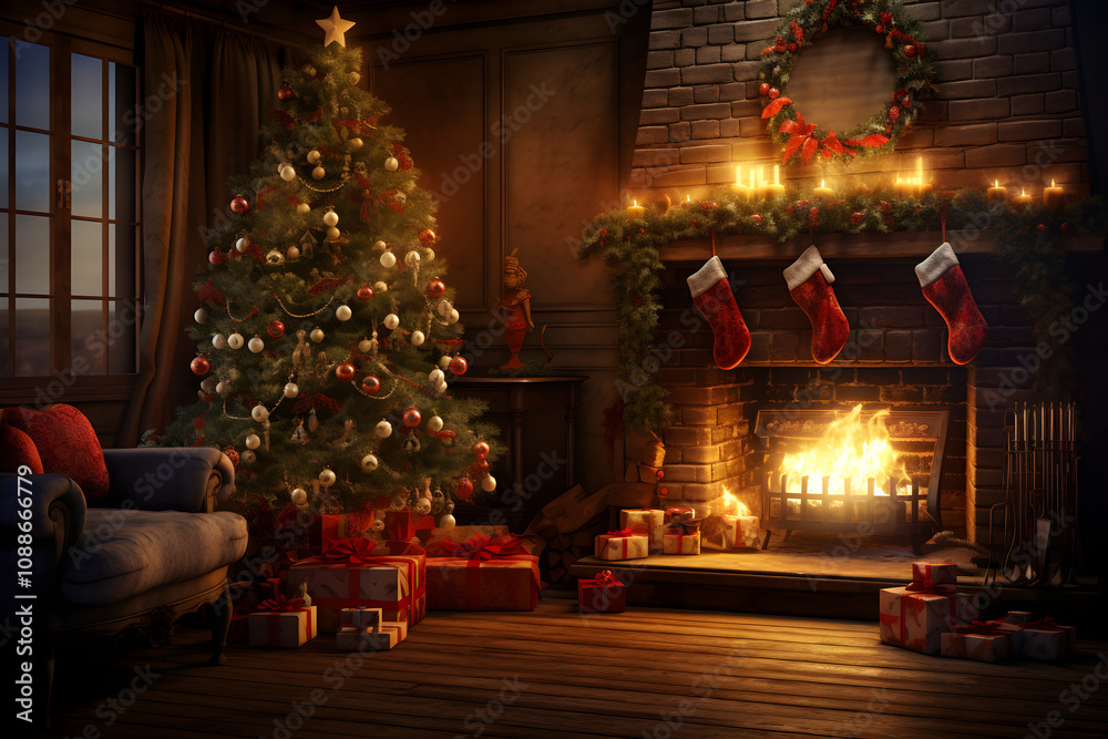 Interior christmas magic glowing tree fireplace gifts on wooden floor Interior christmas magic glowing tree fireplace gifts on wooden floor