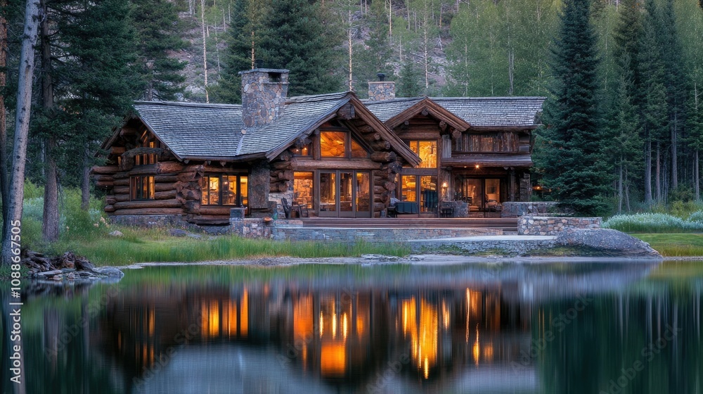 Obraz premium Rustic log cabin with open windows, lake reflections nearby