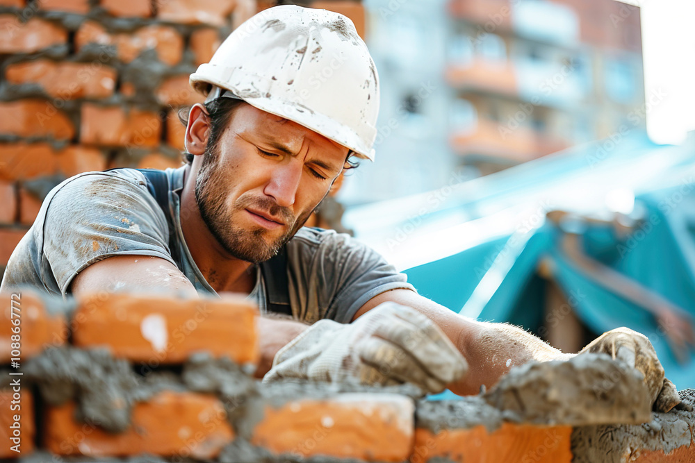 A builder mason lays brickwork of a wall during the construction of a building. A professional working profession of a craftsman. A builder mason lays brickwork of a wall during the construction of a building. A professional working profession of a craftsman.