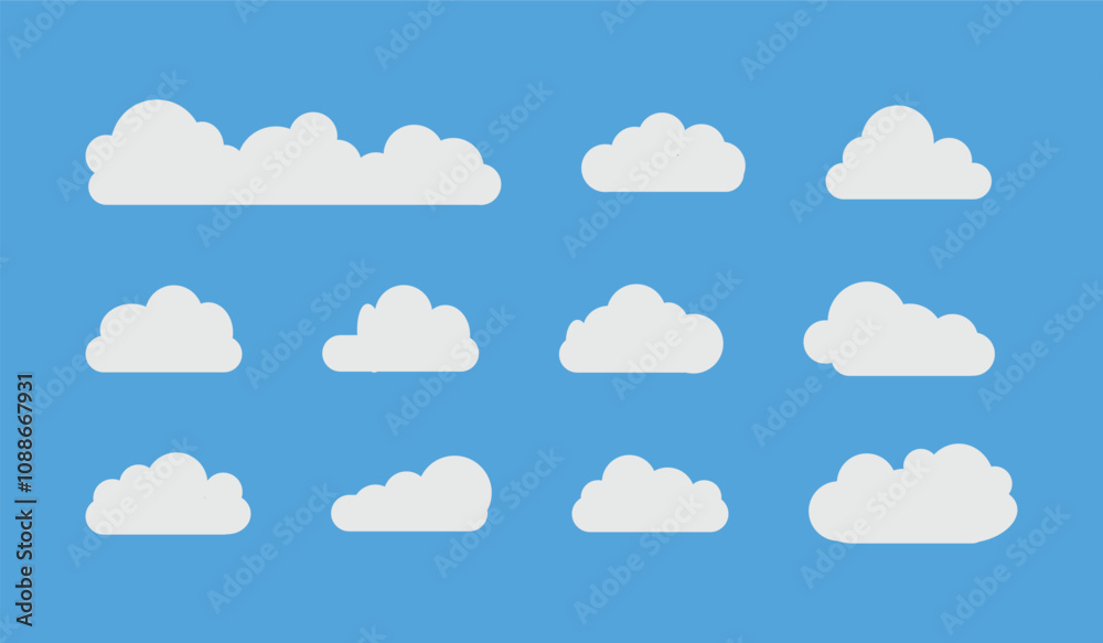 Flat cloud. Simple cloudy shapes. Cartoon white puffy, fluffy and cumulus clouds in blue sky. Abstract comic weather elements. Objects cloudscape for game. Vector collection. Flat cloud. Simple cloudy shapes. Cartoon white puffy, fluffy and cumulus clouds in blue sky. Abstract comic weather elements. Objects cloudscape for game. Vector collection.