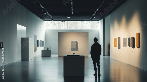 Minimalist Art Experience, a contemporary gallery features interactive sculptures, an engaged observer admiring the unique exhibits, emphasizing simplicity and artistic expression. photo