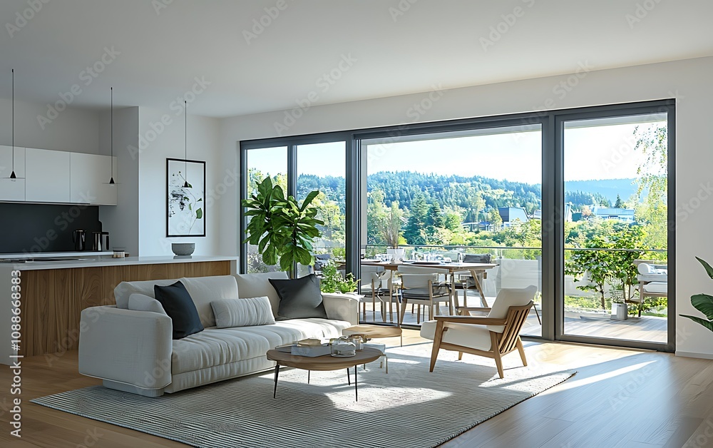 Fototapeta premium Modern living room open to balcony with nature view.
