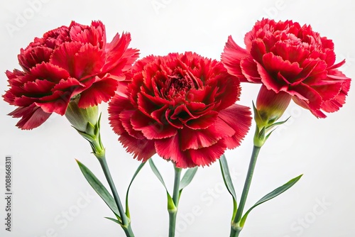 A striking arrangement of three red carnations contrasts beautifully with a clean white backdrop, showcasing an elegant floral still life that embodies natural beauty.