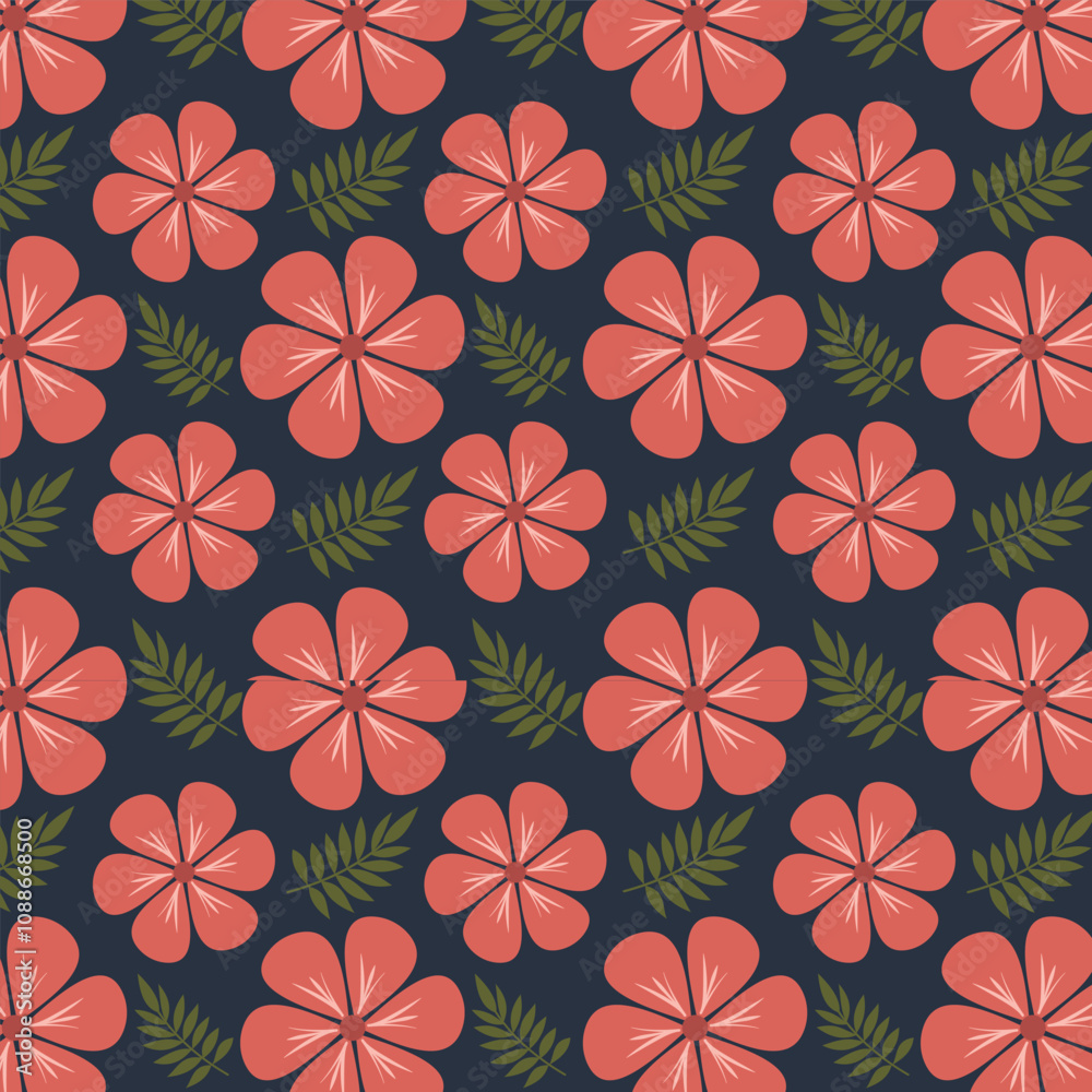 Seamless floral pattern with light red flowers and green leaves on dark blue background. Flower pattern for fabrics, wallpapers, textile and decoration. Floral vector pattern. Seamless floral pattern with light red flowers and green leaves on dark blue background. Flower pattern for fabrics, wallpapers, textile and decoration. Floral vector pattern.