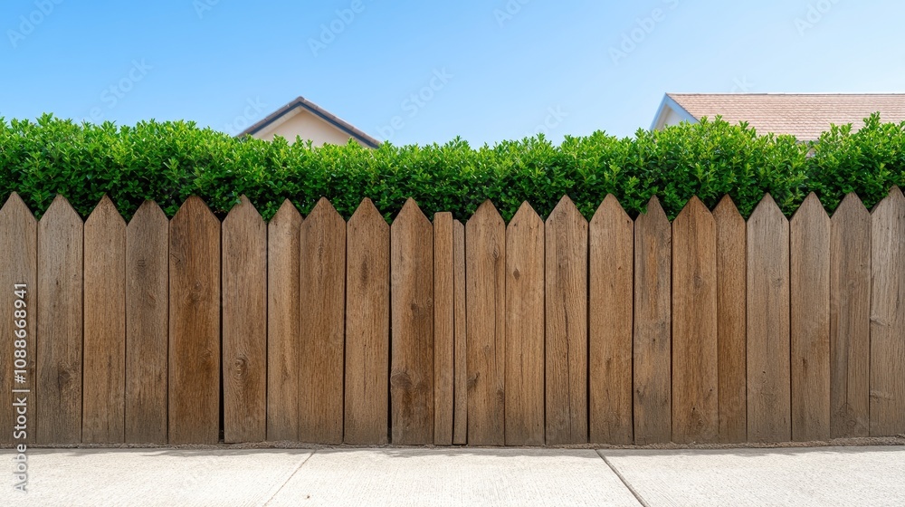 Fototapeta premium A charming wooden double gate nestled among lush green hedges on a sunny day in a tranquil private garden setting