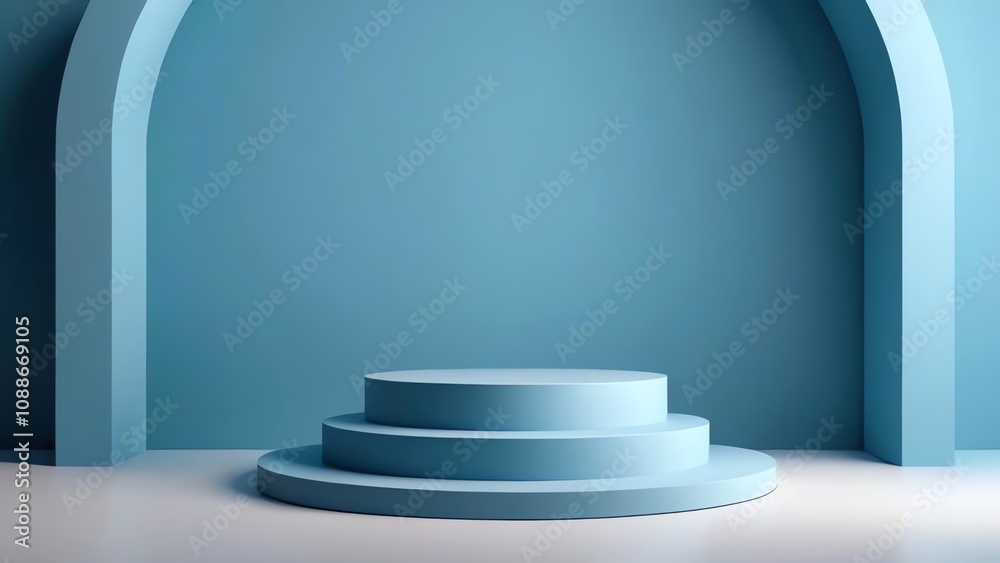 Realistic blue cylinder pedestal podium with arch backdrop wall scene in 3D. Minimalist pastel product display mockup. Realistic blue cylinder pedestal podium with arch backdrop wall scene in 3D. Minimalist pastel product display mockup.