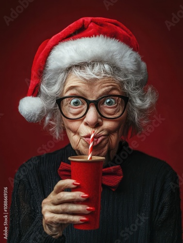 pensioner in bow-tie and Santa Claus hat is holding eco-friendly cardboard glass with straw. Extravagant old woman with gray hair and wrinkles in glasses. domineering and funny elderly mother-in-law photo