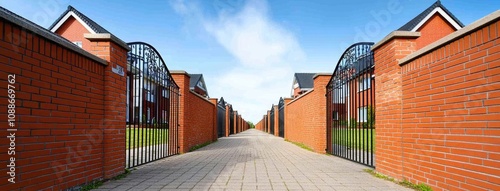 Elegant wrought-iron double gates frame a pathway lined with brick walls, leading to charming residential houses under a clear blue sky photo