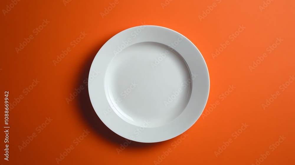 An empty white plate on an orange background. An empty white plate on an orange background.