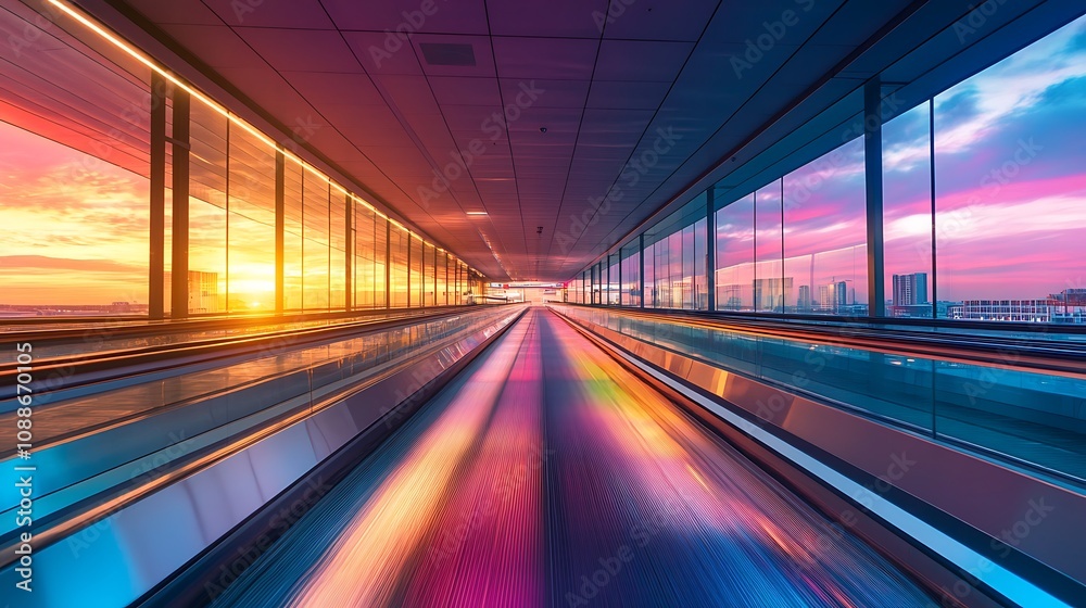 Moving walkway at sunset. Airport travel concept. Moving walkway at sunset. Airport travel concept.