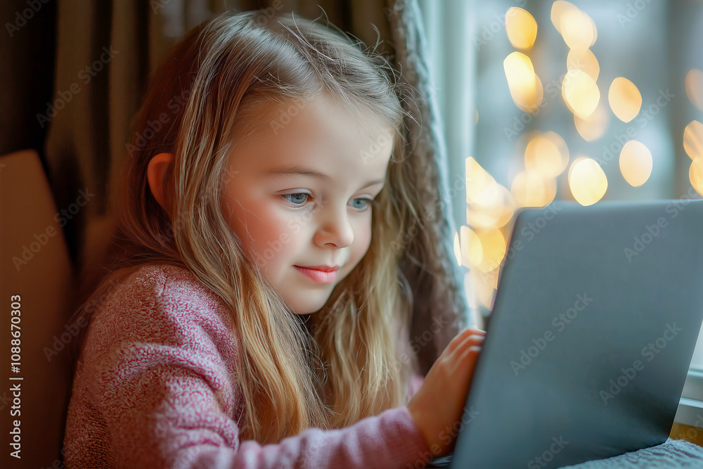 Young Girl with Long Blonde Hair Using Laptop by Window with Festive Bokeh Lights in Background Young Girl with Long Blonde Hair Using Laptop by Window with Festive Bokeh Lights in Background