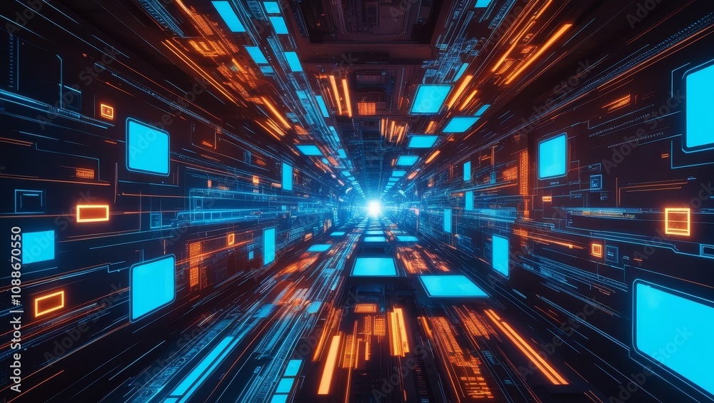 futuristic metal sci-fi space tunnel corridor. wallpaper background glowing lights and reflections futuristic metal sci-fi space tunnel corridor. wallpaper background glowing lights and reflections