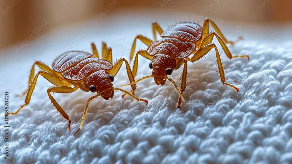 Close-up view of two adult bed bugs on a light-colored, textured fabric