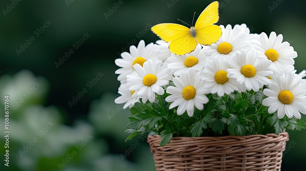 A vibrant arrangement of white daisies adorned with a yellow butterfly against a dark background creates an enchanting floral display