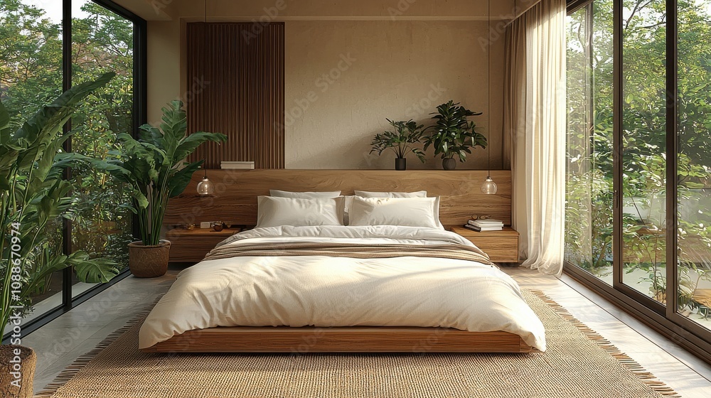Cozy modern bedroom with large windows and greenery, perfect for relaxation and comfort
