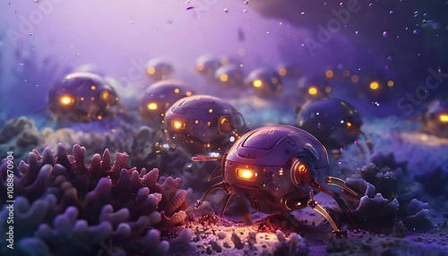 Small spherical robots exploring underwater, illuminated by bright lights, highlighting coral reefs, showcasing futuristic technology and marine exploration