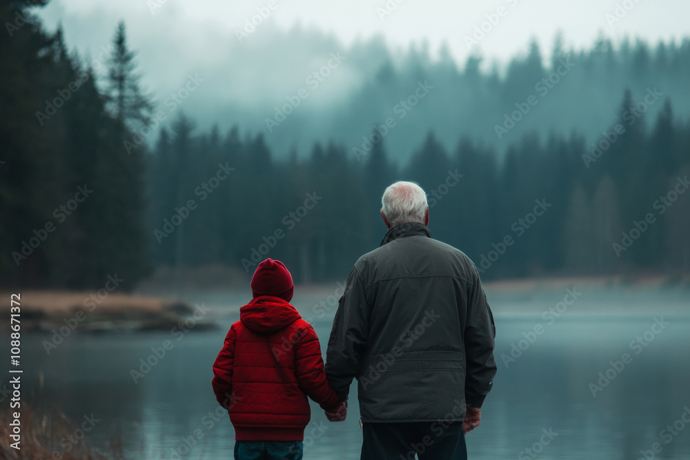 An elderly man and a young boy stand hand in hand, looking out over a calm lake. Mist rises from the water, and tall evergreen trees frame the tranquil scene, creating a peaceful atmosphere An elderly man and a young boy stand hand in hand, looking out over a calm lake. Mist rises from the water, and tall evergreen trees frame the tranquil scene, creating a peaceful atmosphere