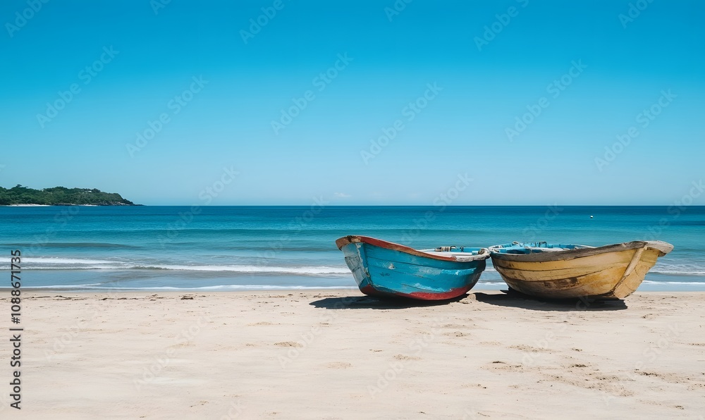 Two colorful local boat parks on the beach and blue sky background, Generative AI Two colorful local boat parks on the beach and blue sky background, Generative AI
