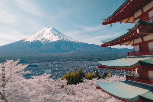 Cherry blossoms blooming at mount fuji japan scenic landscape photography springtime serenity panoramic view nature's beauty