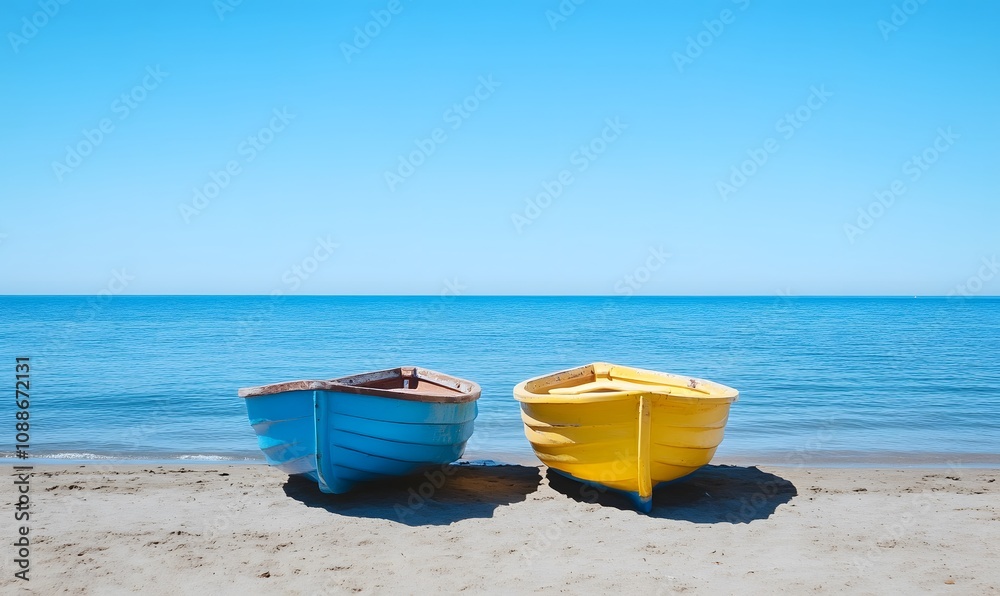 Two colorful local boat parks on the beach and blue sky background, Generative AI Two colorful local boat parks on the beach and blue sky background, Generative AI