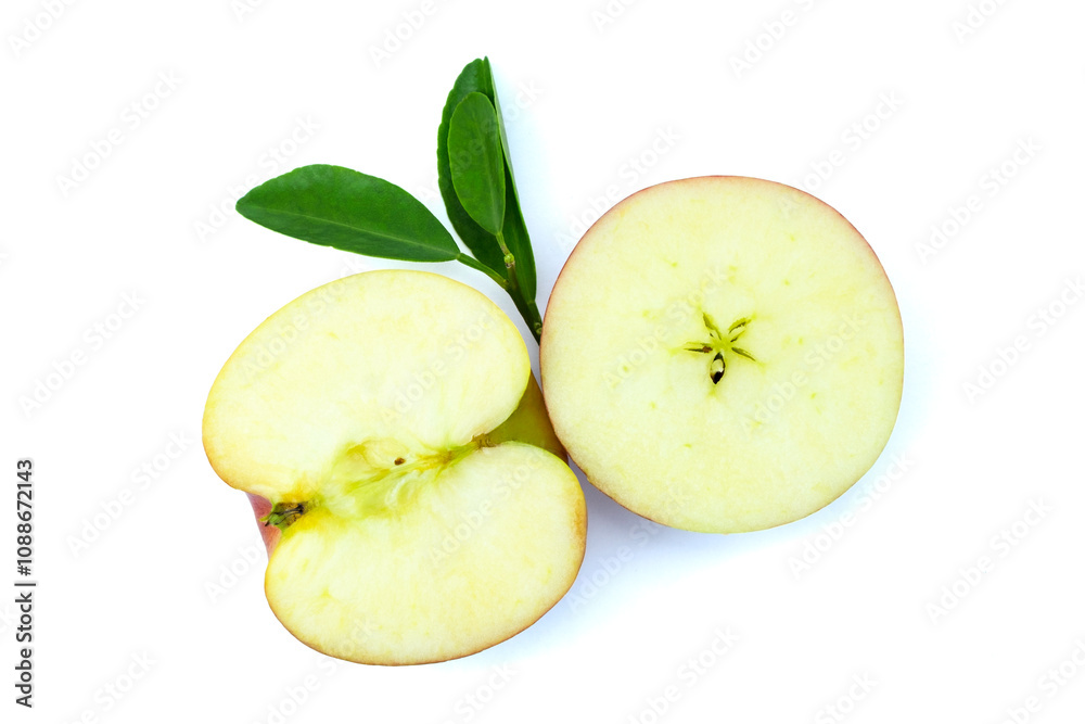 Cut of fresh apple with green leaves both cross section and lengthwise isolated on white background with clipping path stack Cut of fresh apple with green leaves both cross section and lengthwise isolated on white background with clipping path stack