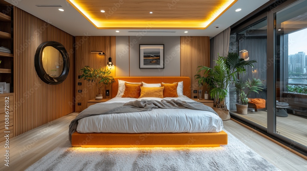 Modern bedroom design featuring warm tones and large windows in a stylish urban setting Modern bedroom design featuring warm tones and large windows in a stylish urban setting