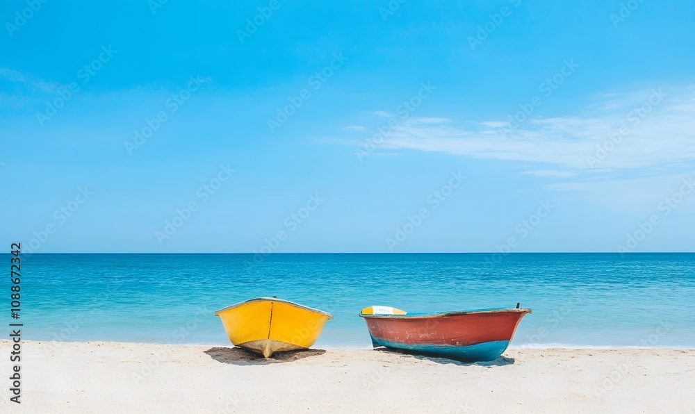 Two colorful local boat parks on the beach and blue sky background, Generative AI Two colorful local boat parks on the beach and blue sky background, Generative AI