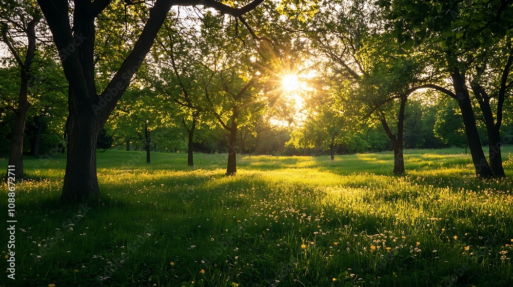 Naklejka premium Sunset in a Green Meadow