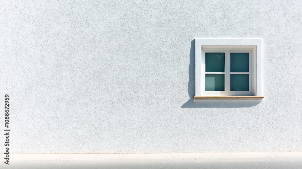 Minimalist exterior wall with a single window in bright sunlight casting a shadow. The wall is textured with a light color, and the window has a white frame with opaque glass. Minimalist exterior wall with a single window in bright sunlight casting a shadow. The wall is textured with a light color, and the window has a white frame with opaque glass.