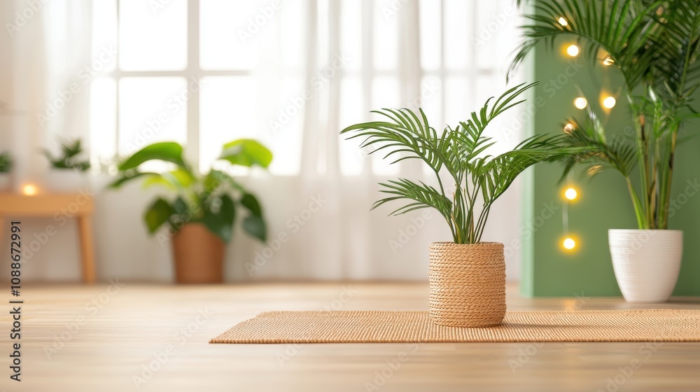 Serene Yoga Space with Gentle Stretches and Green Plants Serene Yoga Space with Gentle Stretches and Green Plants