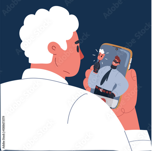 Cartoon vector illustration of a man holding a phone from behind, with a masked scammer on the screen, symbolizing online fraud and cybercrime over dark background