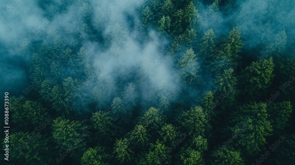 Aerial view of misty evergreen forest.