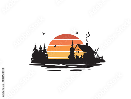 house by the water vector silhouette. house by the lake vector silhouette. lake house sunrise on the river vector silhouette