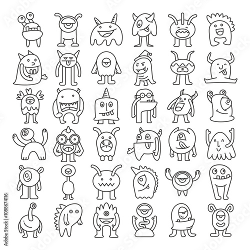 doodle monster character line icons set