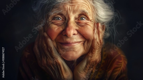 A close up portrait of an elderly woman smiling warmly at the camera.