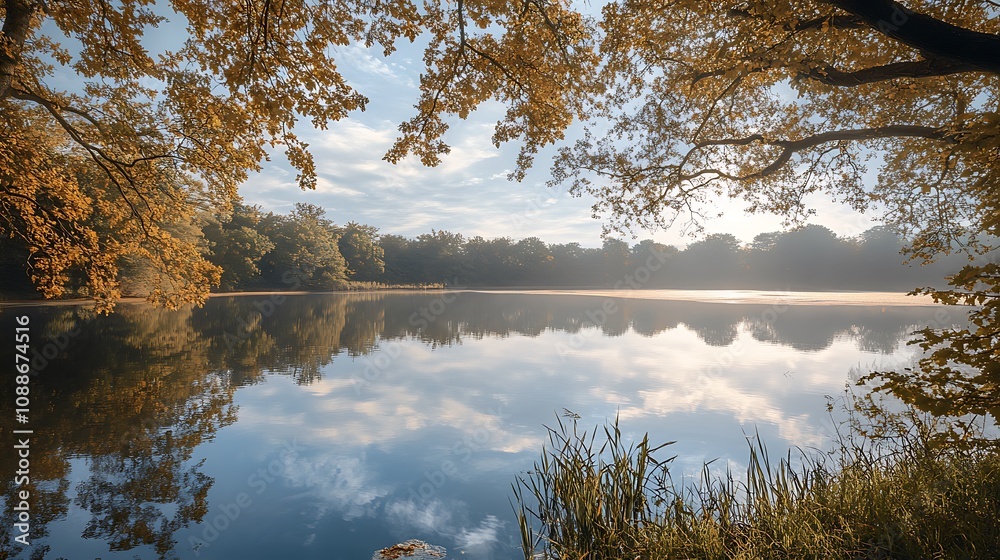 Obraz premium Autumn lake reflection. Peaceful nature scene.